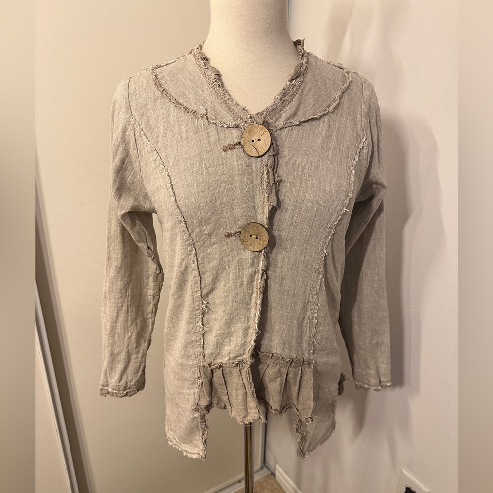 Chic Boho linen Beige Frayed Edge Jacket